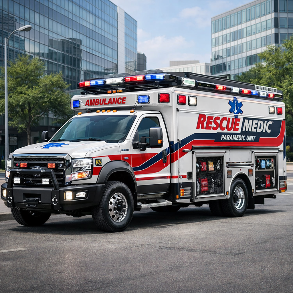 Veículo especial adaptado, como uma ambulância ou carro de resgate, demonstrando soluções para frotas e veículos customizados.